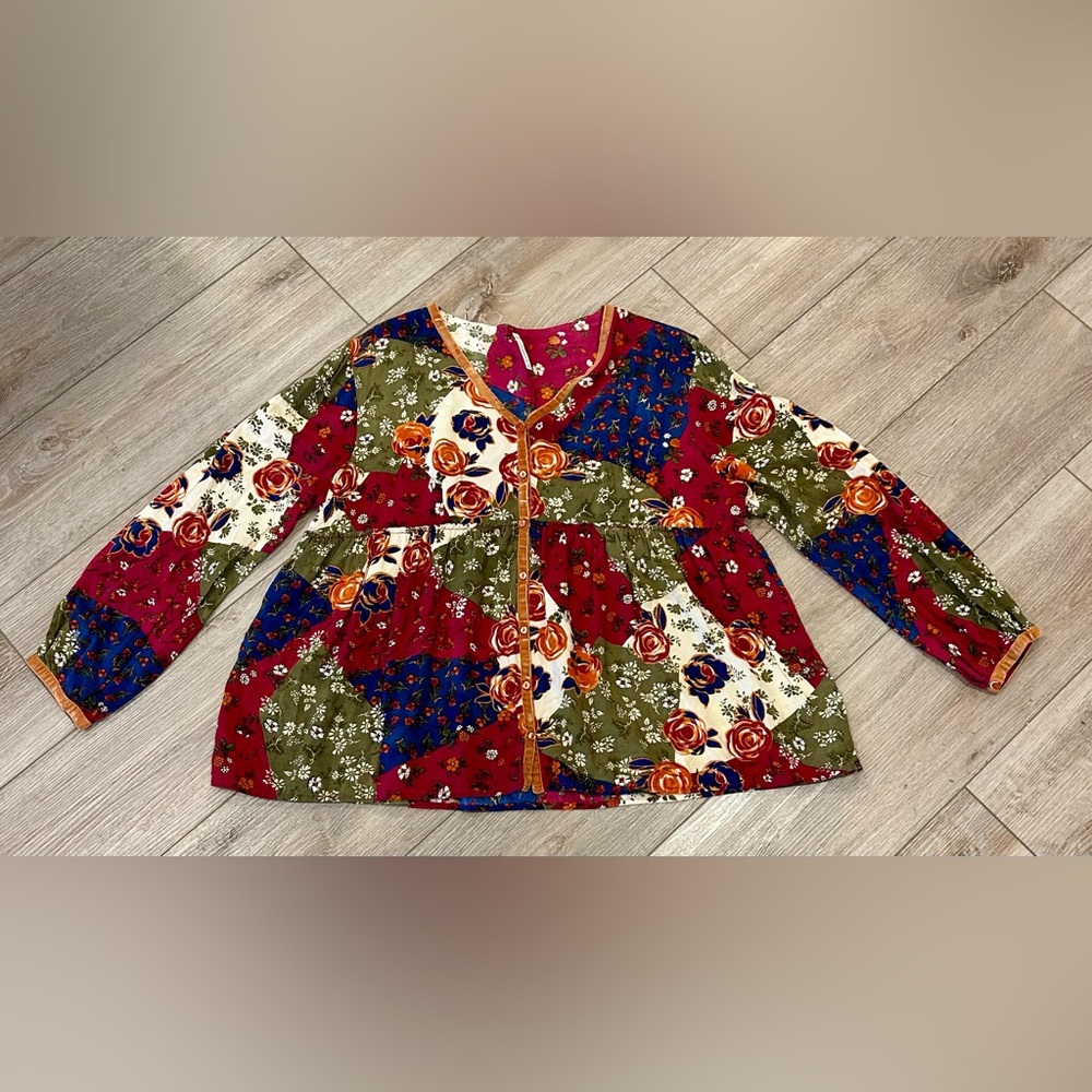Passport Multicolor Floral V-Neck bohemian peasant  Top